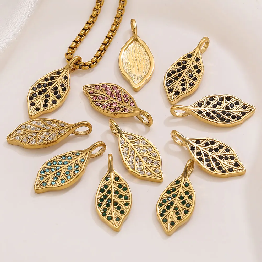 

2PCS High-Quality 18K Gold-Plated Stainless Steel Zircon Leaf Charms DIY Women's Earrings Necklace Jewelry Making Accessories