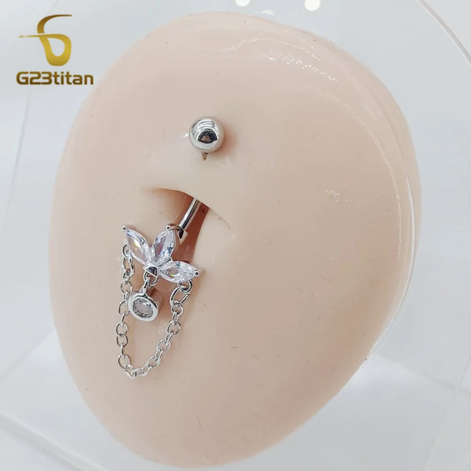 Boho Lotus Flower Belly Ring Dangling Chain CZ 14G Titanium Navel Piercing Jewelry Women Summer Crop Top Accessory Silver Color