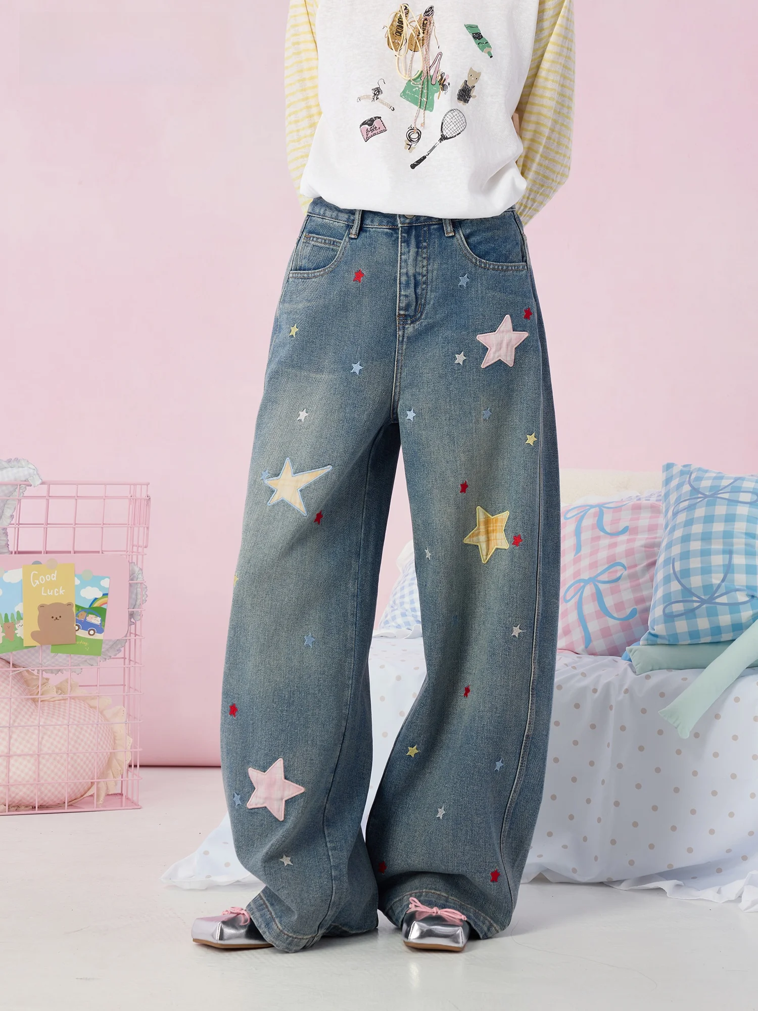 

Spring New Wide Leg Star Pattern Loose Women's Denim Jeans Original Design Cotton l Waist No Stretch DiDi MAX