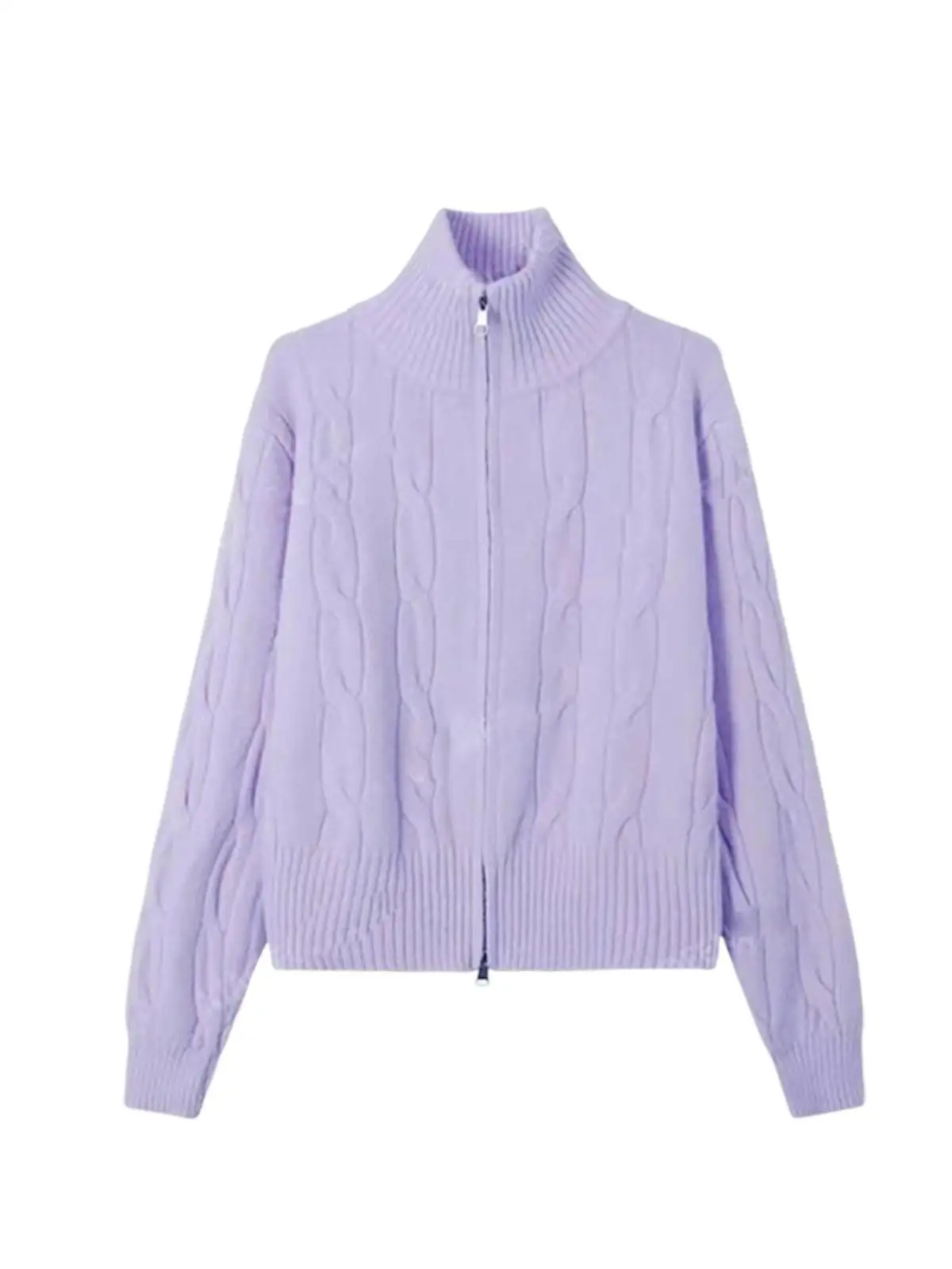 سترة معطف نسائي بياقة عالية وسحاب من Thiened موضة شتاء جديدة لعام 2025 أرجواني قلقاس ملتوية محبوكة طويلة Sve #5