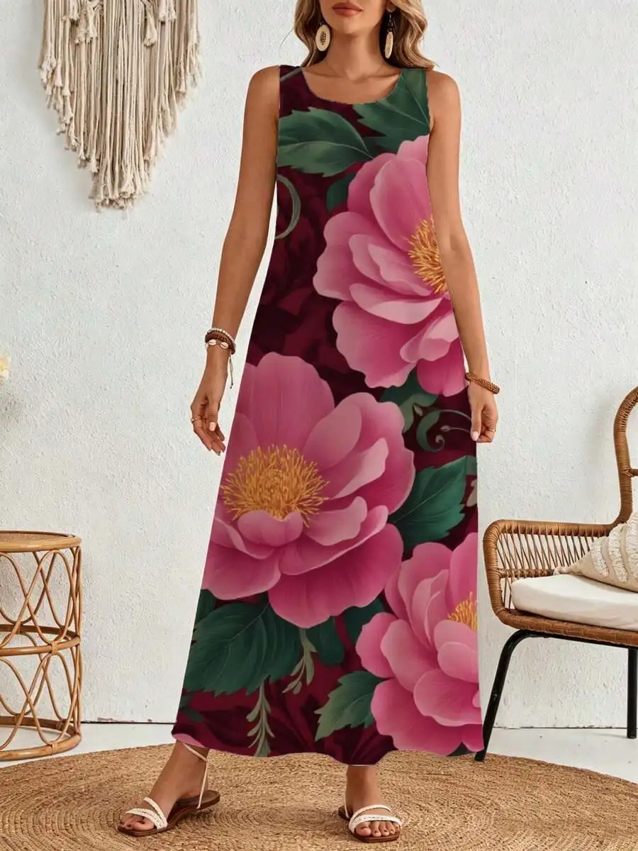 

Floral Maxi Dress Deep Red Pink Peony Print Summer Beach Vacation Wear