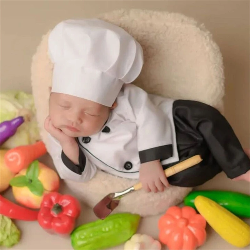 Baby Cook Costume Set, Roupas de Criança, Kids Party Cosplay Vestuário Conjuntos, Uniforme de Cozinheiro Infantil, Chapéu Tops e Calças, Foto Vestuário