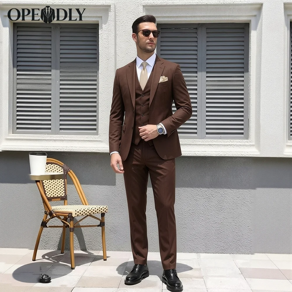 

Customizable Men's 3 Piece Tuxedo Khaki Blazer Brown Vest Slim Fit Formal Business Wedding Groom Prom Party Suit