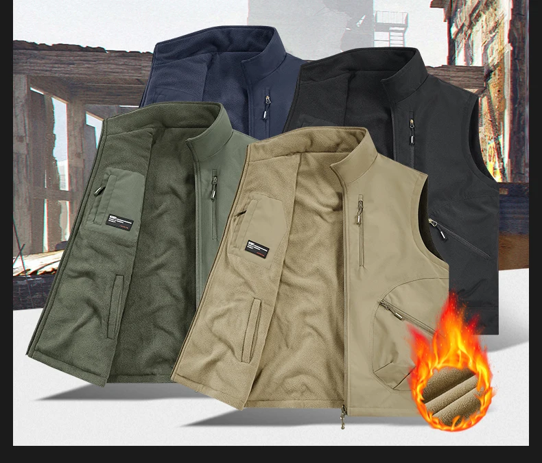 

Fishing Vest Men Double Sided Fleece Plus Velvet Waistcoat Men's Leisure Vest Solid Color Tooling Style Multi-Pocket Sleeveless
