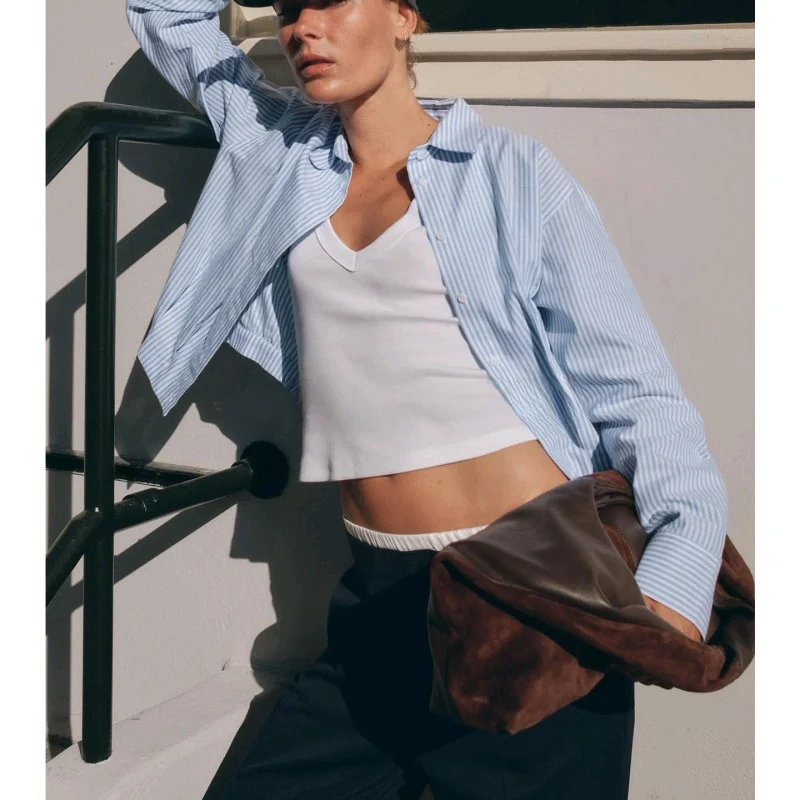 Autunno nuove donne Bue irt ort Sve lungo Sve colletto rovesciato vita pieghettata striscia casual poliestere sciolto