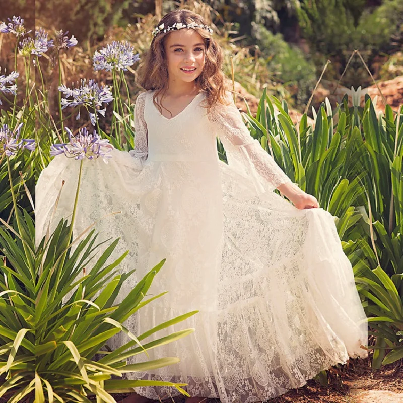 Vestidos largos de gasa de encaje de princesa para niñas, vestido de novia de flores para niñas, vestido de boda bohemio de verano para fiesta de cumpleaños de 2 a 14 años