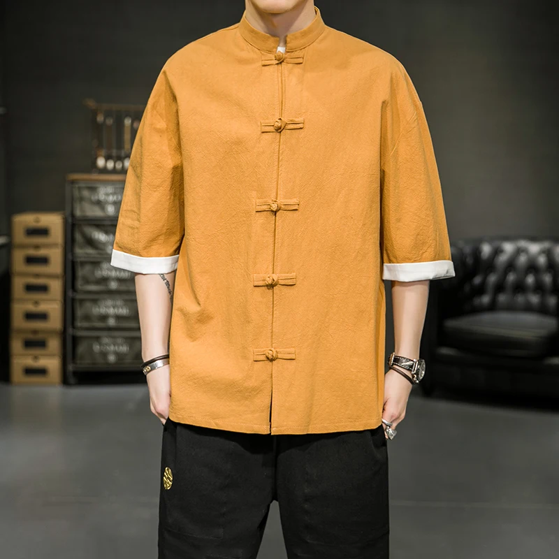 

Chinese Style Men Shirt Summer Light Thin Stand-up Collar Cotton Linen Solid Loose Casual Short Sleeved Shirt Hanfu Men Clothing