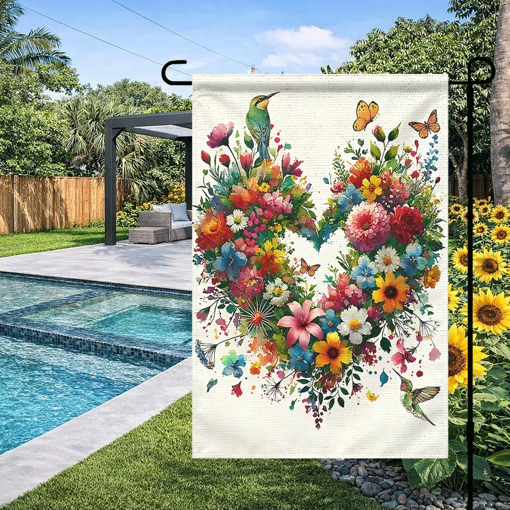 

1PC Floral Heart Garden Flag Colorful Wildflower & Bird Print Outdoor Decorative Banner for Yard Patio Lawn Sp