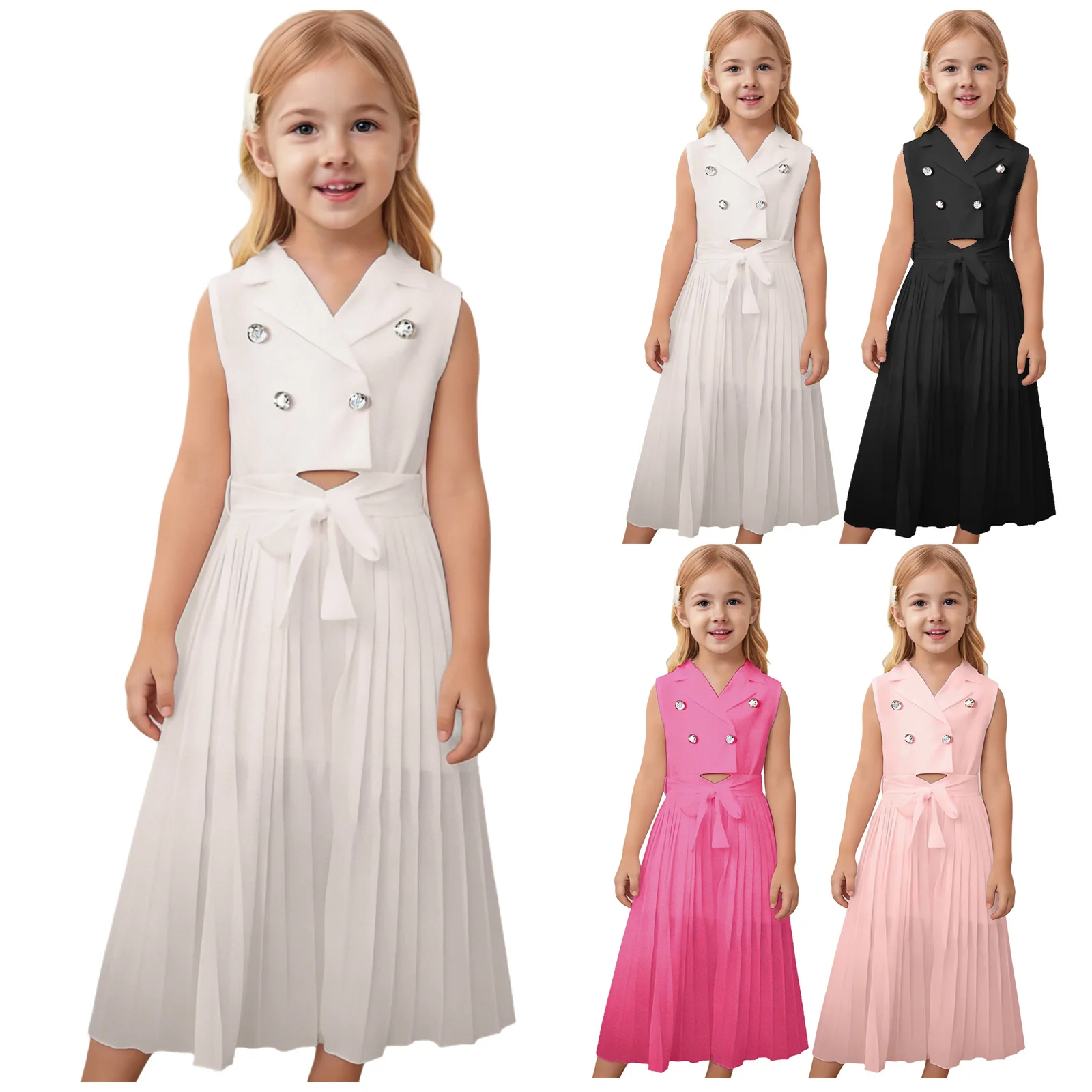 

Kids Flower Girls Elegant Suit Dress Lapel Sleeveless Crop Top Vest with Belted Pleated Skirt for Birthday Party Wedding Pageant