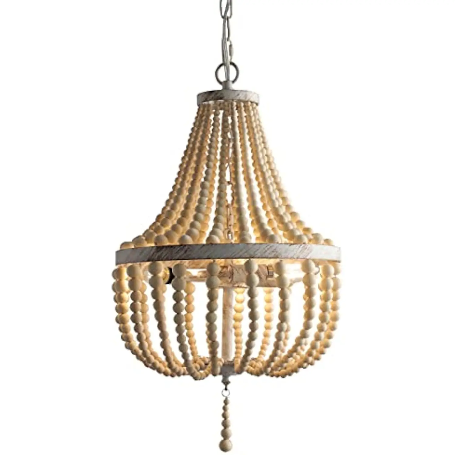 

3-Light Mini Bohemian Wood Beaded Chandelier Pendant Boho Light Fixture, Antique Metal Finish Natural Color Wooden Bead, for Ba