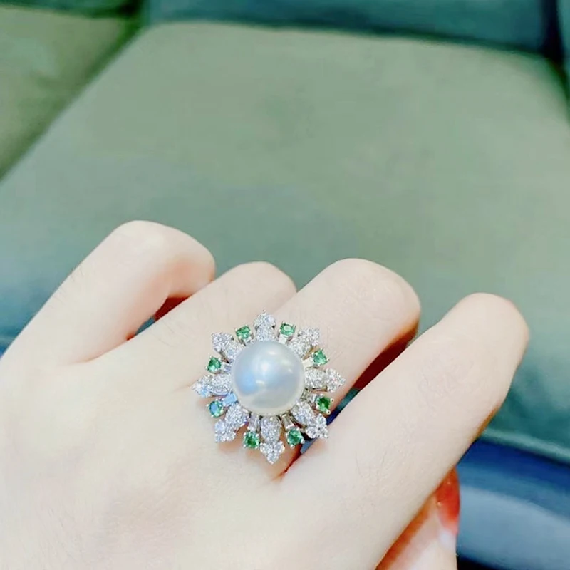 MeiBaPJ 10-11mm Natural White Pearl Green Stone Fashion Flower Ring 925 Silver Fine Wedding Jewelry for Women Empty Tray