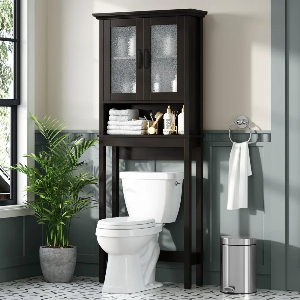 Over The Toilet Storage Cabinet, Over Toilet Bathroom Organizer with Glass Doors and Adjustable Shelf