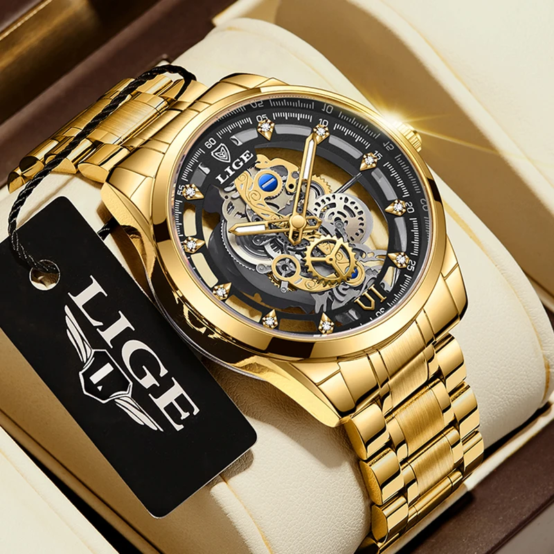 LIGE Fashion Quartz Watches For Men Gold Skeleton Retro Men Watch Top Brand Luxury Sport Waterproof Watch Men Relogios Masculino