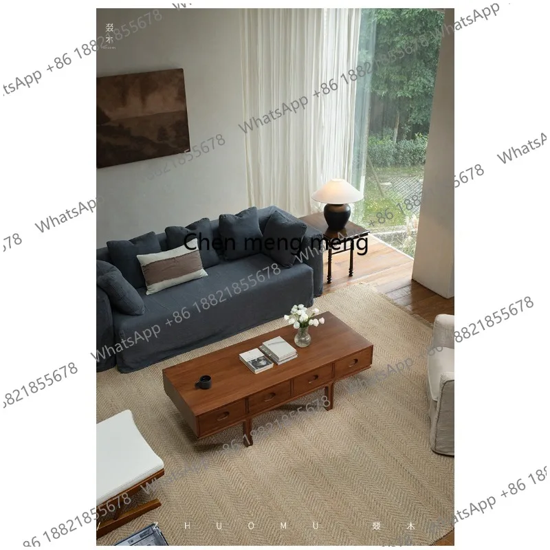 

French medieval teak designer double-sided drawer large capacity full solid wood coffee table storage table