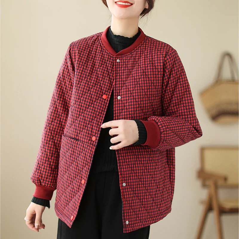 Veste matelassurera patchwork en coton et lin pour femme, manteau d'extérieur à carreaux vintage, col de baseball, niche, automne, hiver, nouveau, 2024