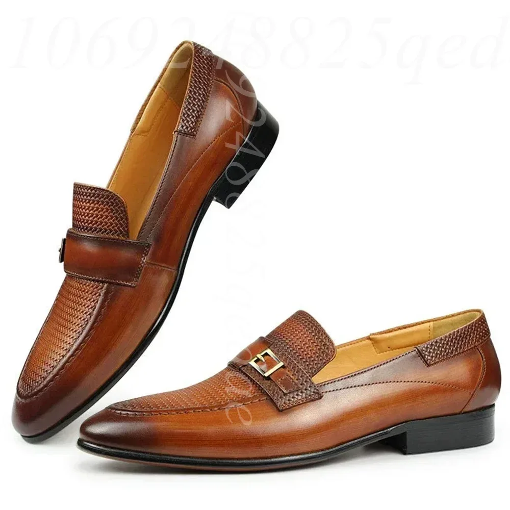 Men's Brown Intricate Woven Texture Gold Buckle Strap Loafers Polished Gradient Dress Shoes for Business and Formal Occasions