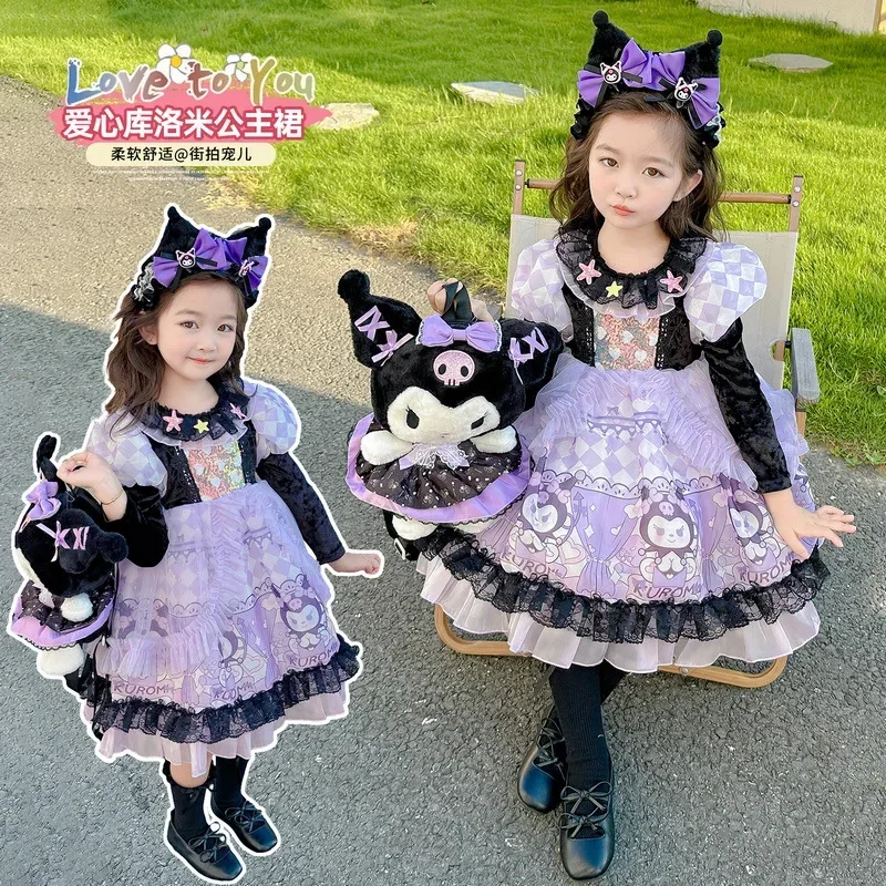 Spring Autumn Kawaii Sanrio Kuromi Ins Fashion Dress Cute Cartoon Children Cotton Long Sleeve Skirt Clothing Gifts for Kids