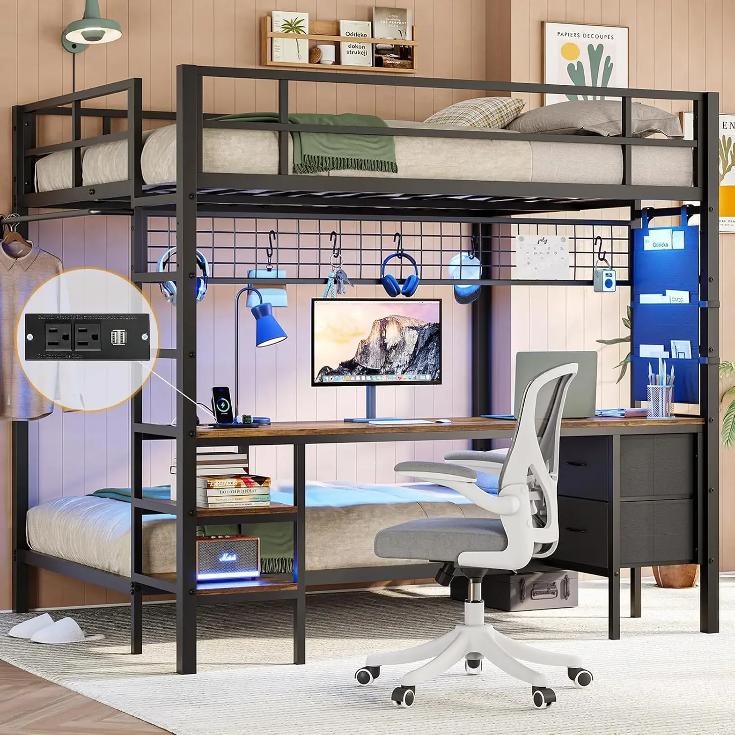 Full Size Over Twin Bunk Bed with Desk and Charging Station Metal Full Over Twin Loft Bed with Led Lights