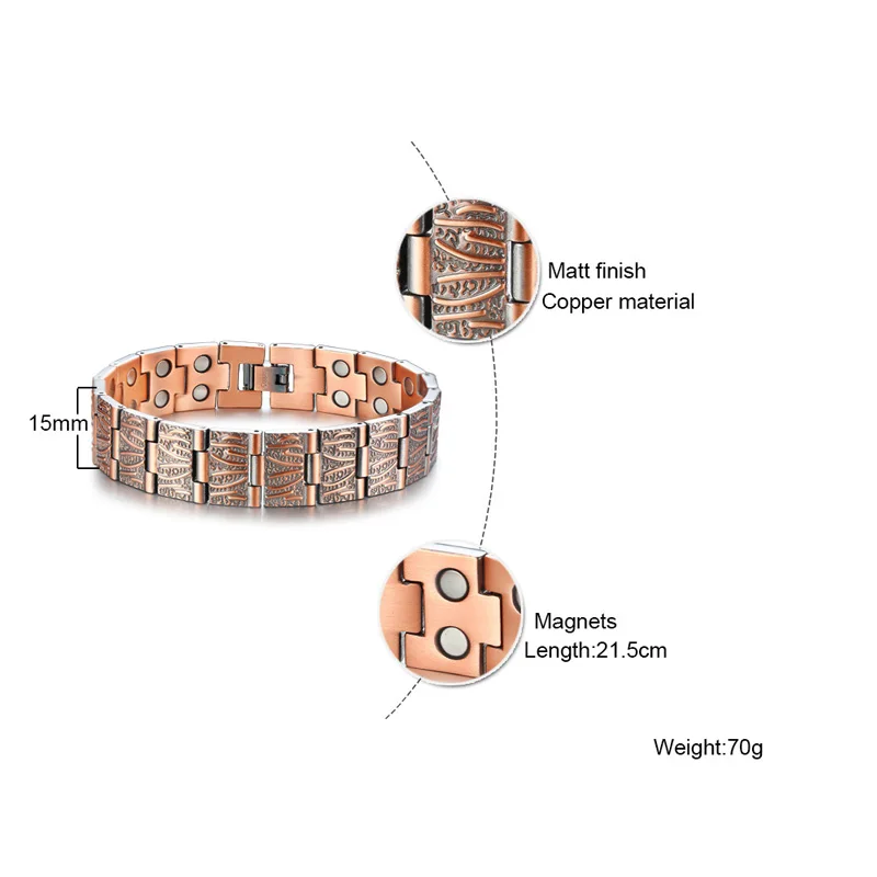 Fashion Pure Copper Bracelet Men Hand Chain Vintage Wrist Band Magnetic Bracelet Copper Health Energy Bracelet