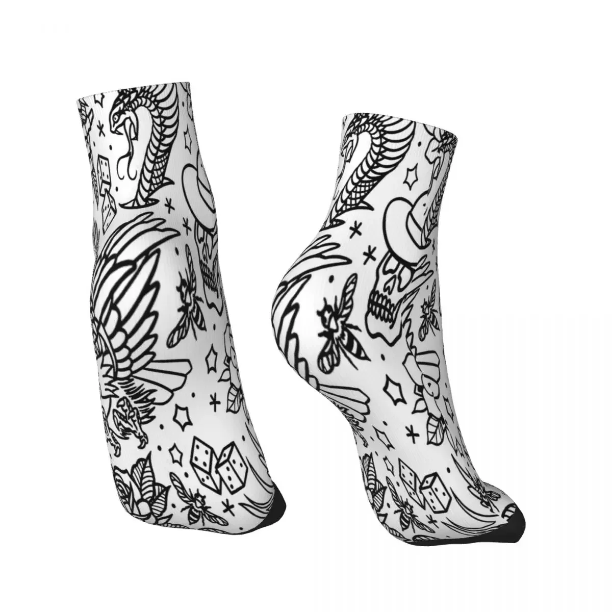 Skeleton Skull Bone American Traditional Tattoo Flash Print Variant Ankle Socks Male Mens Women Autumn Stockings Hip Hop