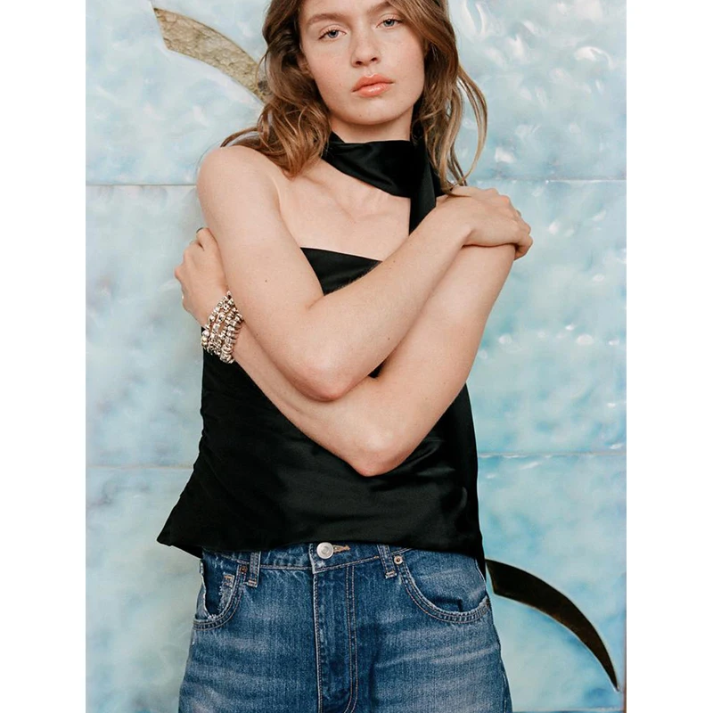 وشاح بياقة مستقيمة من الساتان والحرير بتفاصيل مطوي للنساء، قميص ربيعي جديد Sle Faionable Bal Commute Sle بقصة ضيقة... #3