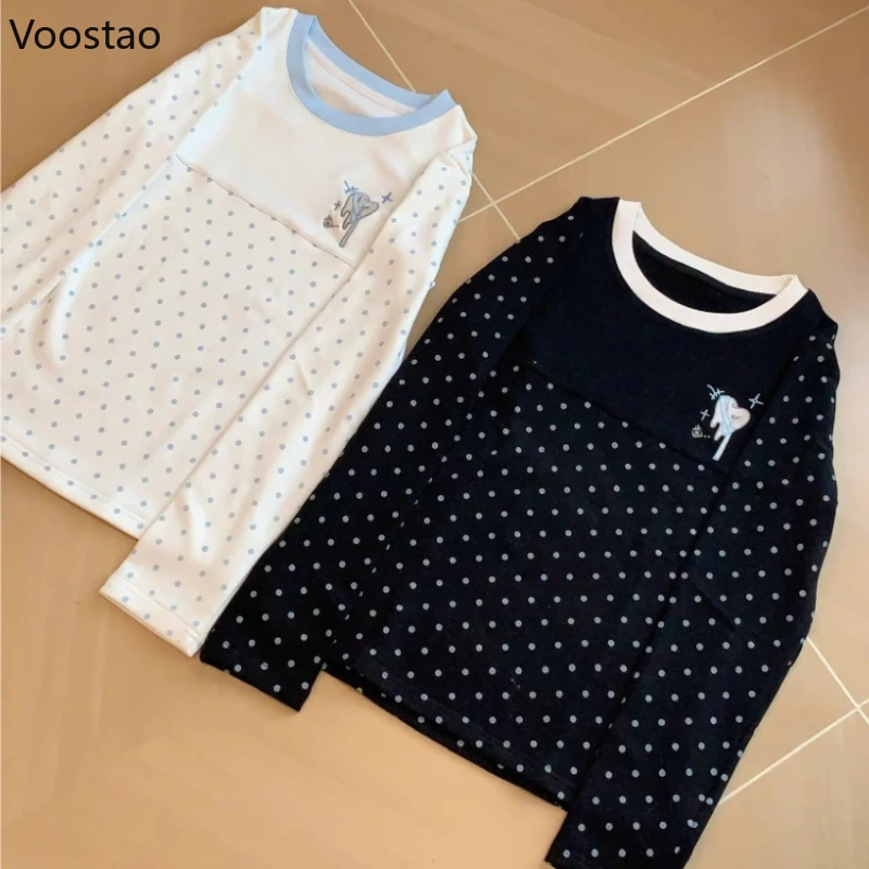 

Winter Japanese Kawaii Polka Dot Print T-Shirts Girls Harajuku Embroidery Casual Long Sleeve Loose Tees Women Cute Grunge Tops
