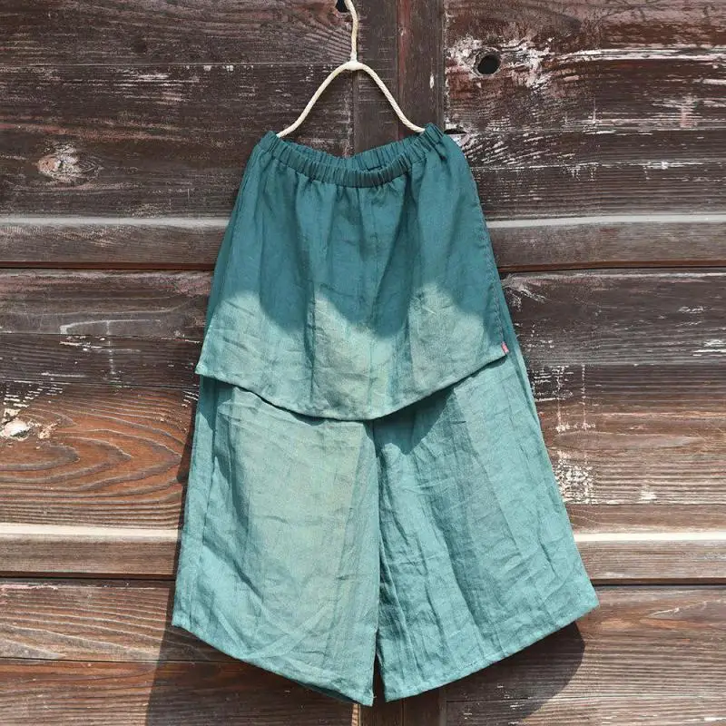 Spring Summer Arts Style Women Elastic Waist Loose Calf-length Skirt Pants False Two Pieces Vintage Linen Casual Wide Leg Pants