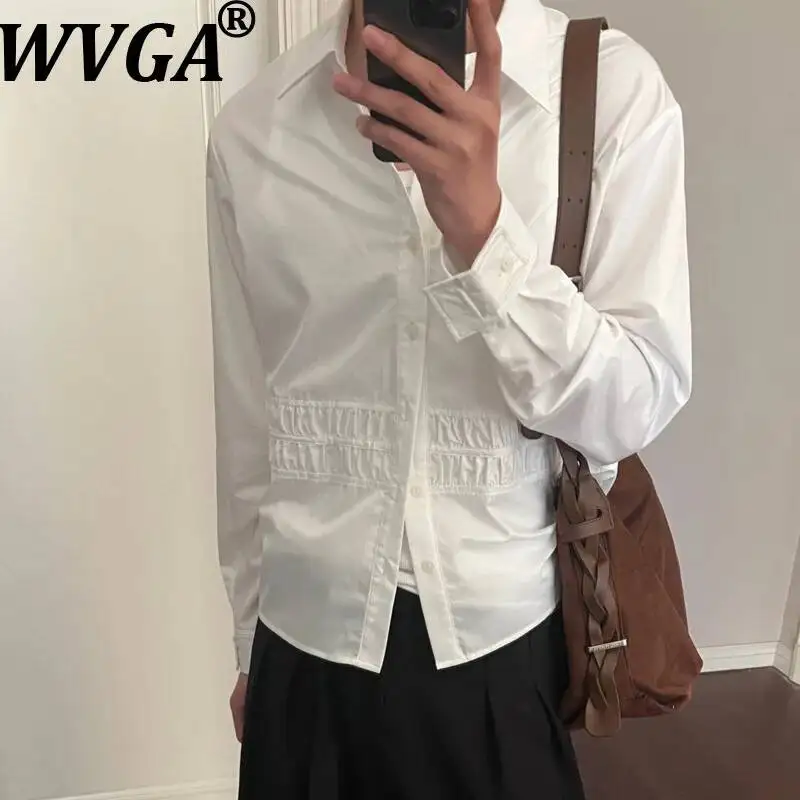 WVGA Spring Summer New Men Satin Glossy Trendy Lace Pleated Long Sleeve Shirt Niche Chic Casual Turn-Down Collar Tops Ins W25843