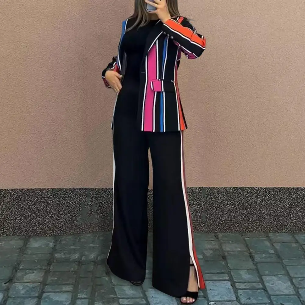 

Костюм с широкими брюками и пиджаком с лацканами, комплект из 2 предметов, женский деловой костюм с пиджаком и брюками, кардиган с лацканами в полоску и цветовыми блоками, с высокой талией
