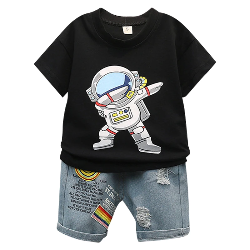 2024 trade summer new cartoon printed round neck T-shirt casual sports jeans short sleeve set 1-5 year old baby children's set