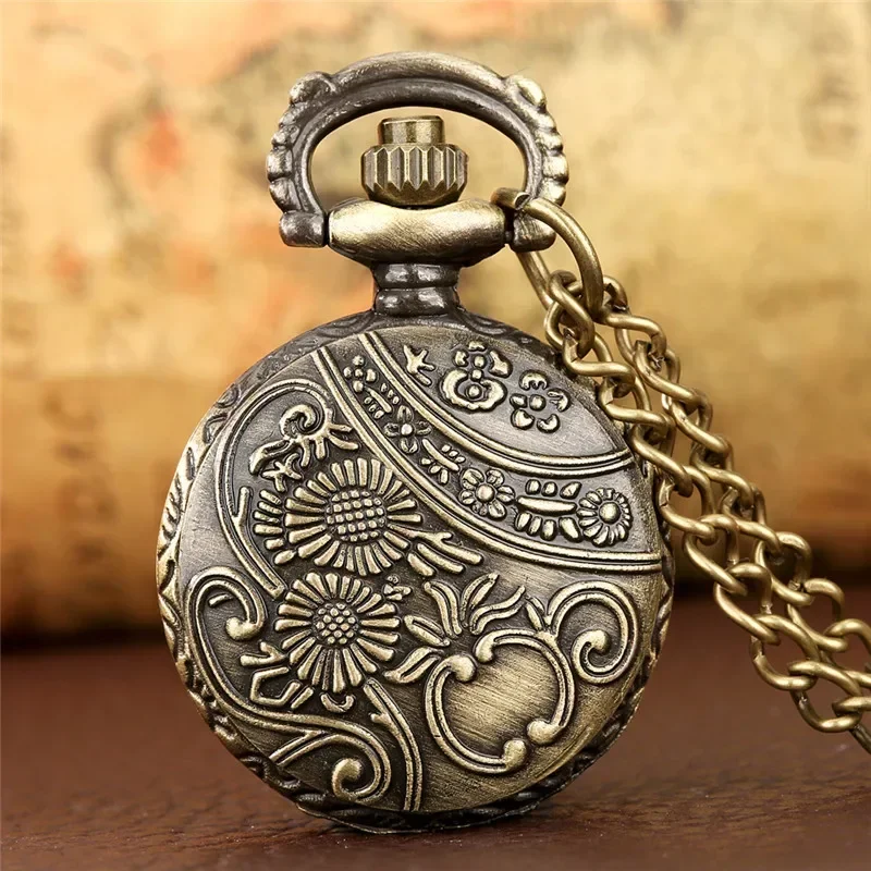 Bronze Mini Size Hollow Arabic Number Cover Unisex Quartz Analog Pocket Watch Necklace Long Chain Collectable Timepiece Gift