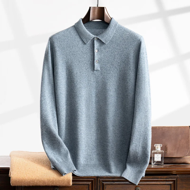100% Cashmere Sweater Men\'s Knitted POLO Collar Pullover Casual High Waisted Knitted Straight Leg Pants Winter Warm Menswear