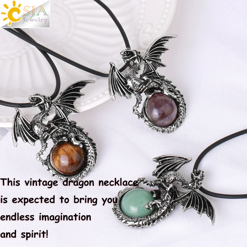 CSJA Vintage Wing Dragon Crystal Necklace for Men Women Natural Stone Round Gem Stone Crystals Obsidian Pendants Jewelry H146