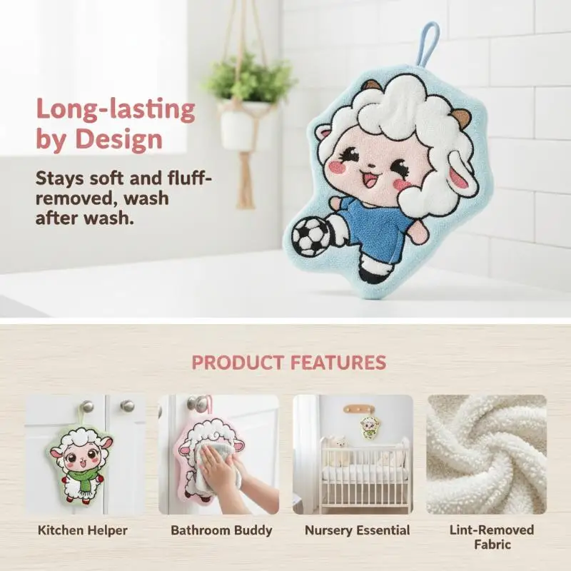 Sheep Design Cartoon Hand Towels Premium Soft Absorbent Coral Fleece Quick Dry Towels for Home Kitchen Bathroom Use