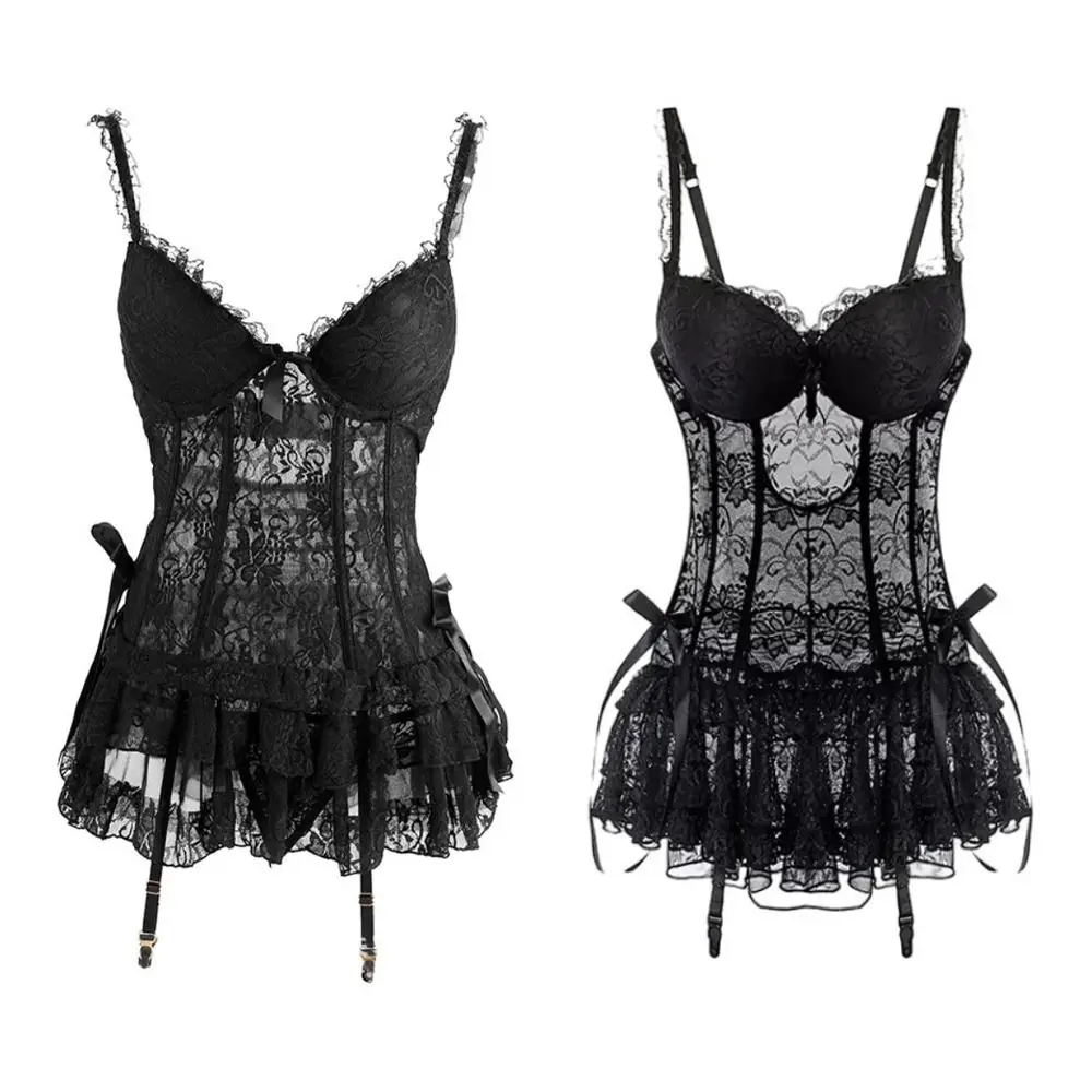 

Элегантная ночная рубашка, кружевные трусы-бретельки, комплект прозрачного сетчатого нижнего белья, униформа, платье, ночная рубашка без рукавов, кружевной корсет, юбка, подарки