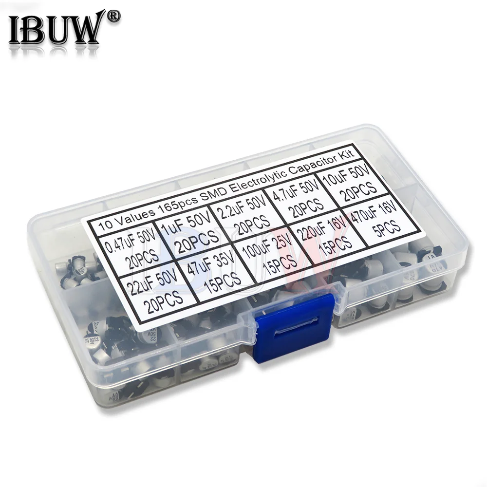 

165Pcs/lot 10Values SMD Aluminum Electrolytic Capacitor Assorted Kit Set Samples Kit 0.47uF 1uF 2.2uF 4.7uF 10uF 22uF 47uF 100uF