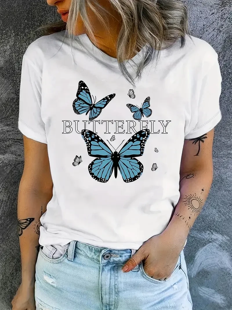 

Plus Size [Casual Crew Neck Short Top] Butterfly Print T-shirt, Casual Crew Neck Short Sleeve Daily Top, Women's Clothing