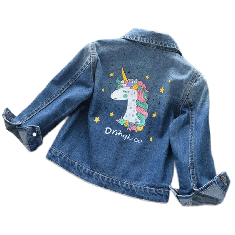 Primavera autunno ragazze giacca di jeans moda cartone animato unicorno giacca a vento per 2-8 anni cotone abbigliamento per bambini capispalla per