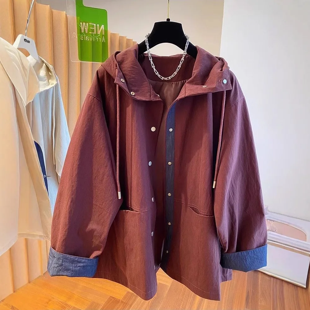 Women's  Outerwear Contrasting Color Hooded Trench Coat Spring Autumn Coat Loose Versatile Female Windbreakers Gabardina Mujer