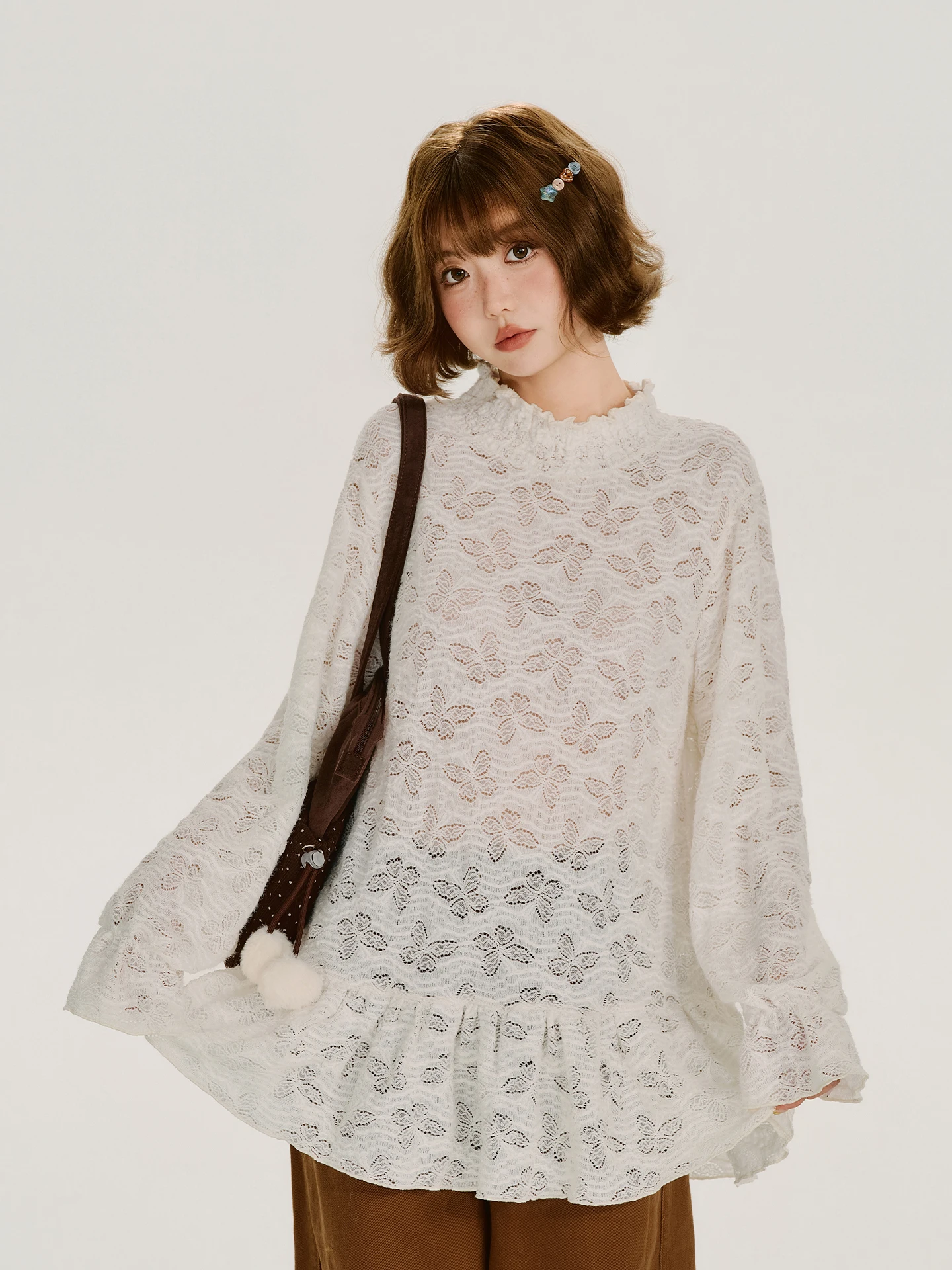 Girlyhalo American Retro Half High Collar Lace Cover up Women's Inner Wear Top Hollow out Design Casual Style Loose Fit T-Shirt