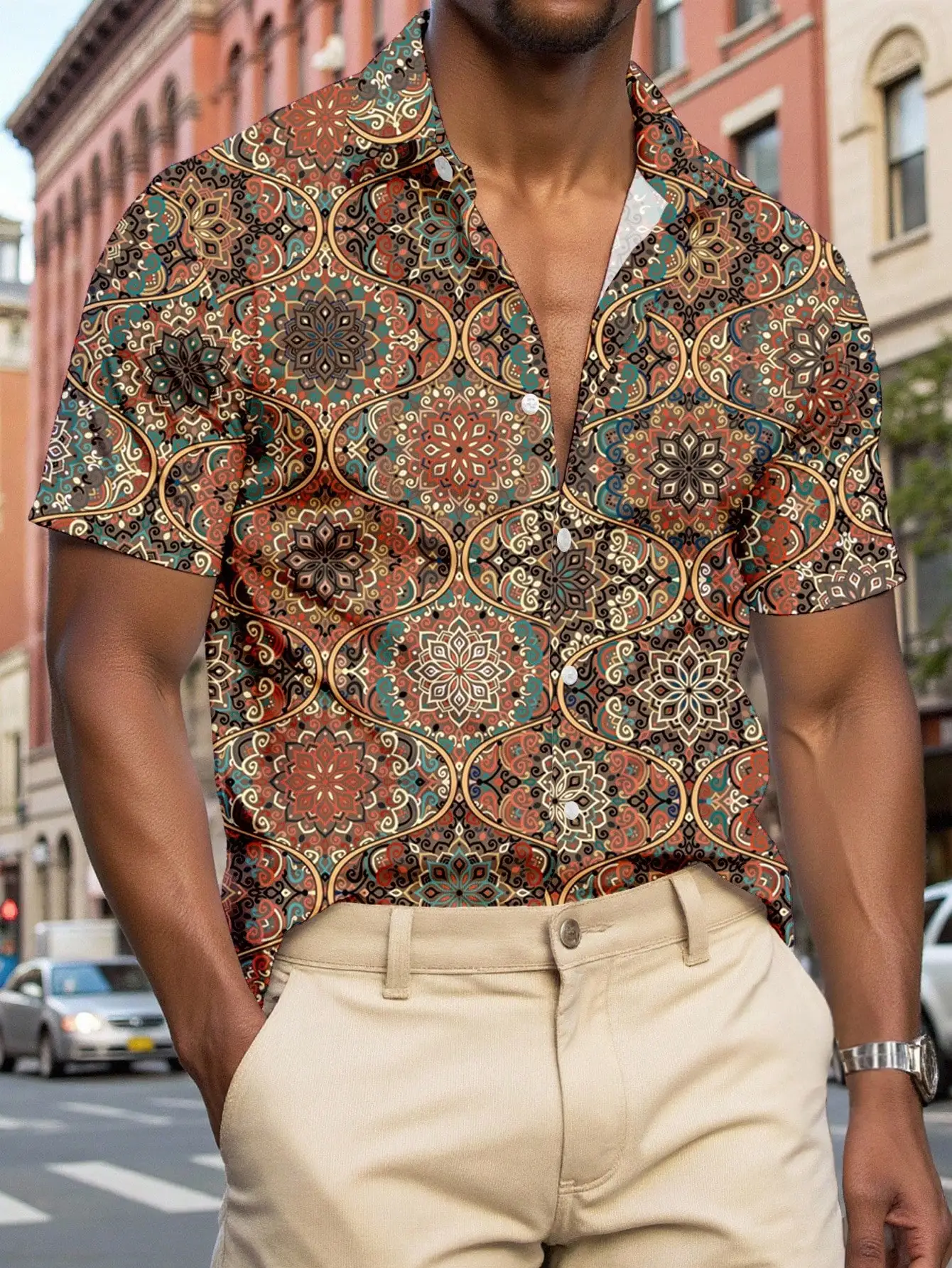 

Men's Short Sleeve Casual Shirt with All-Over Retro Geometric Print