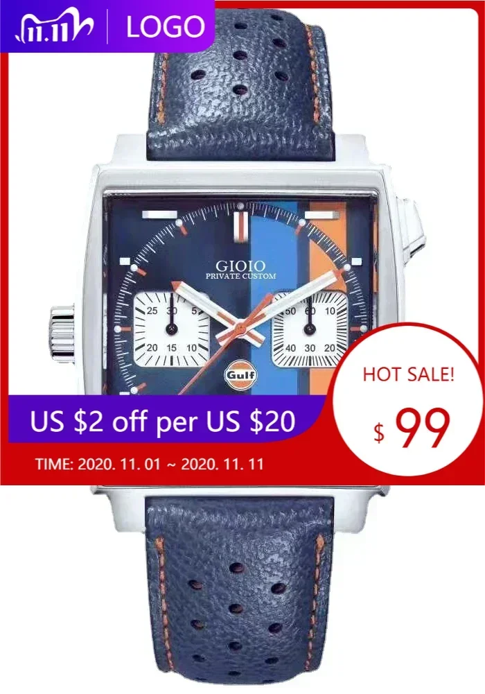 Luxury New Quartz Watch for Men Chronograph Watches Stainless Steel Square Black Blue Leather Gulf Sapphire Glass