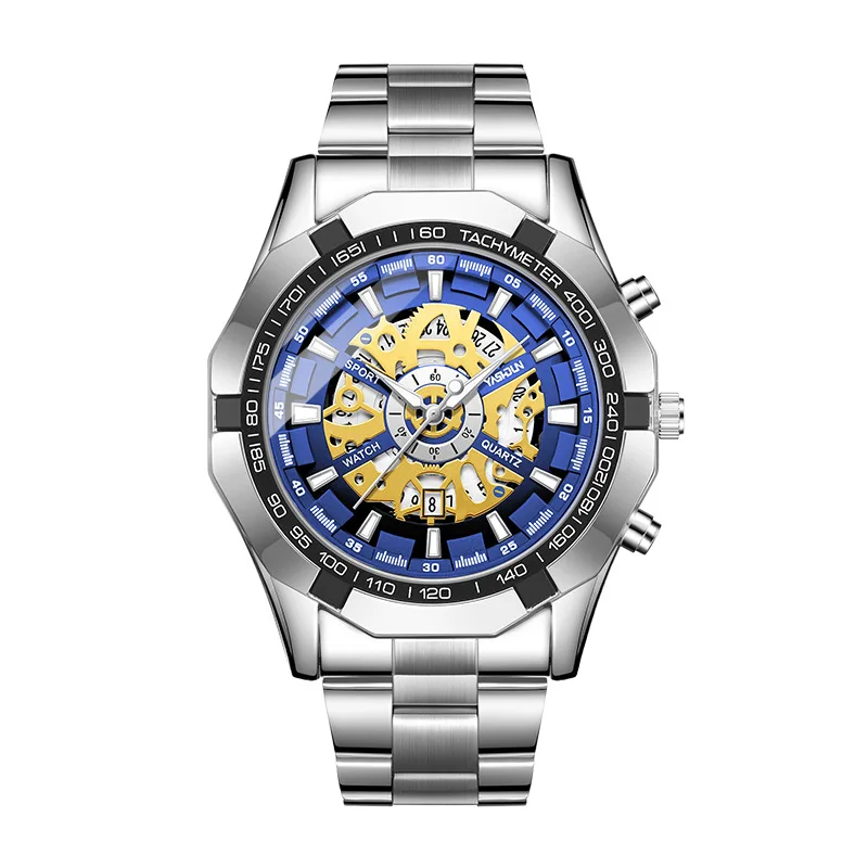 New brand men's watch fashionable night light waterproof hollow quartz watch high-end business gift Golden steel strip watch