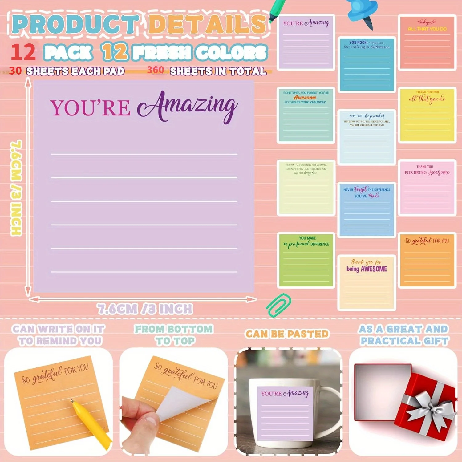 12 قطعة ملاحظات لاصقة تقدير الموظف شكرا لك الهدايا منصات الملاحظات السائبة مع أقوال هدية المعلم جيب صغير ملهم #3