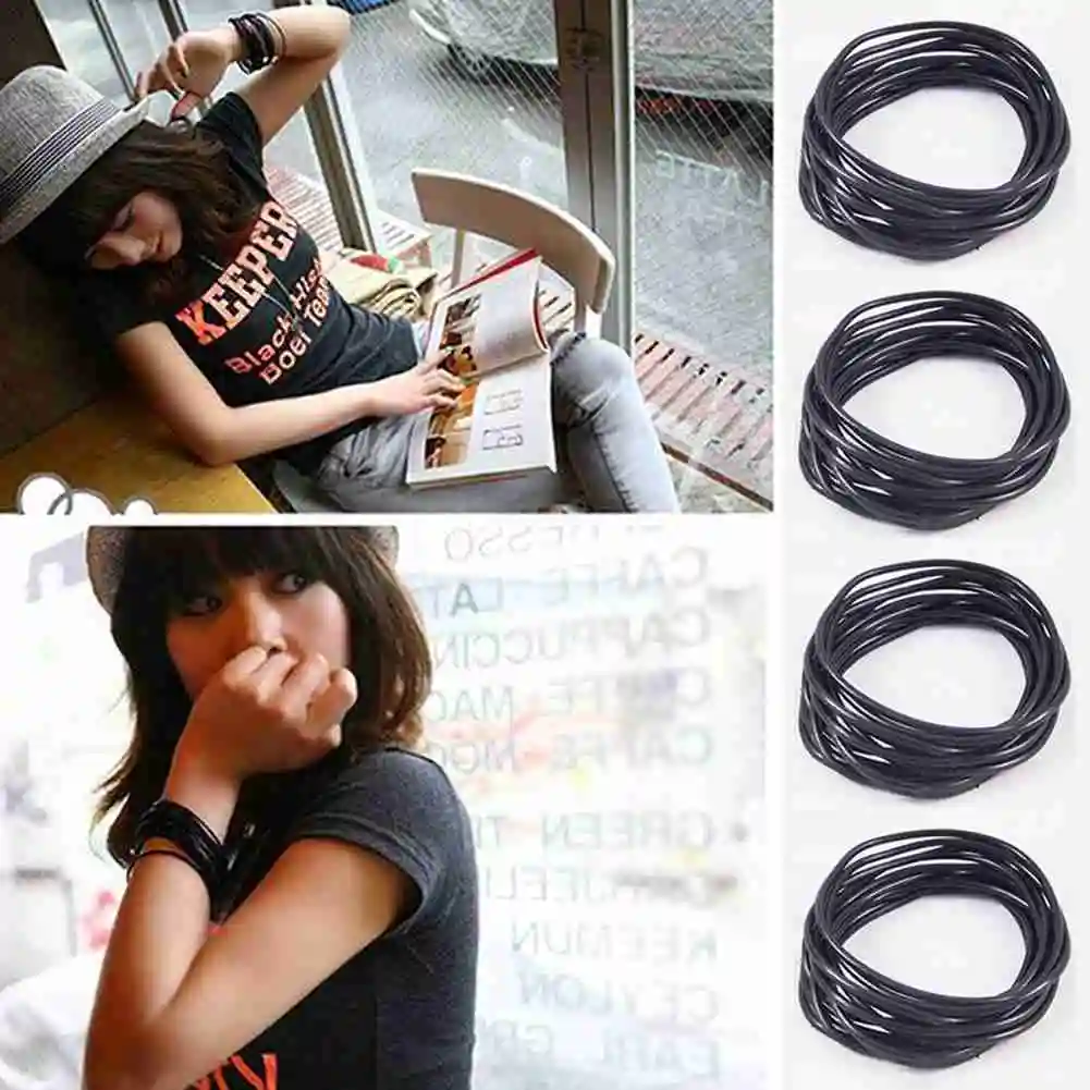 10 Pcs Black Silicone Rope Bracelets Set, Unisex Gift