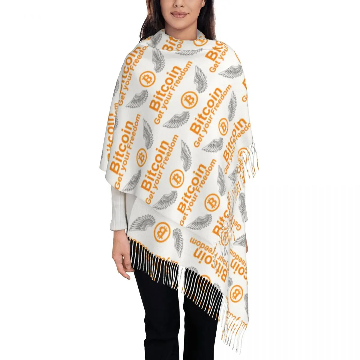 Custom Bitcoin Get Your Freedom Tassel Scarf Women Soft BTC Crypto Coins Shawl Wrap Ladies Winter Fall Scarves