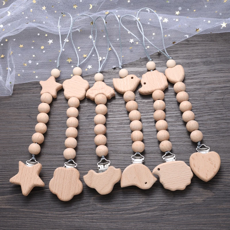 Animal Shape Beech Baby Pacifier Clip Wooden Round Beadsd Anti-Drop Baby Nipple Chain Dummy Holder Soothe Nursing Teething Toy