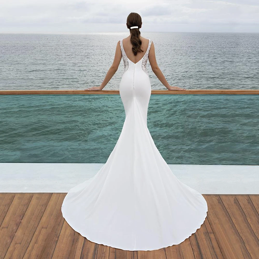 Simple Boat Neck Wedding Dresses Wide Straps Applique Lace Bridal Grown V Shaped Open Back Court Train Mermaid Vestidos De Novia