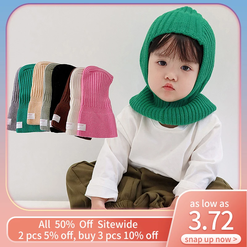 

Korean Baby Hood Beanie One Piece Scarf Cap Winter Warm Knit Ear Protection Hat Solid Color Children Balaclava Headgear Bonnet