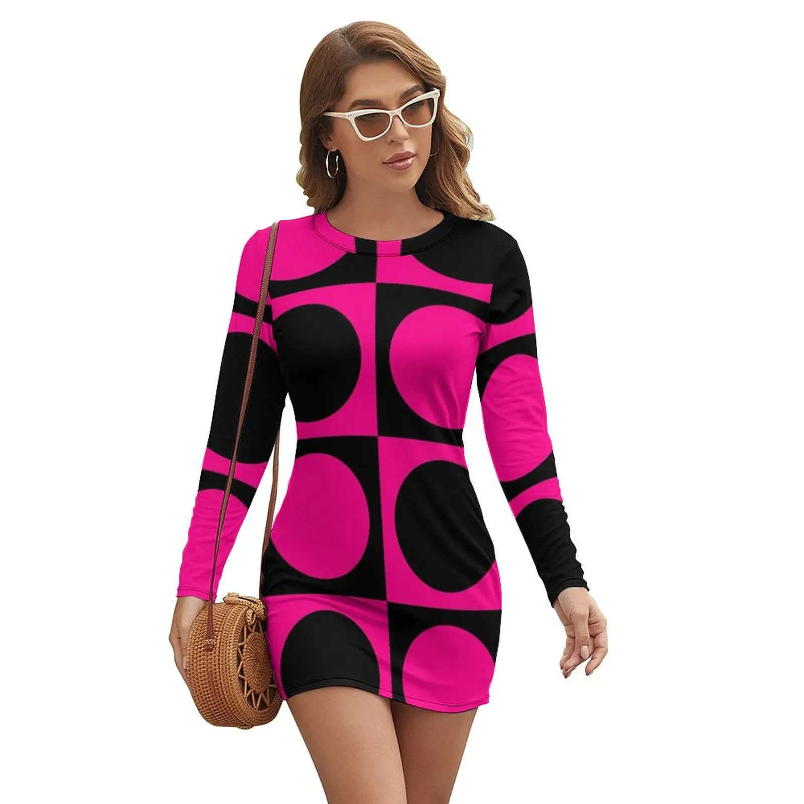 

60s Pink Circle Mod Mondrian Long-sleeved Dress prom dress 2024 Women's long dress Long cute